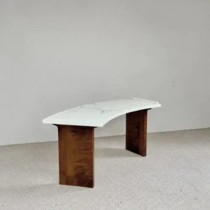 Fan-Shaped Wabi-Sabi Desk in Nanmu Veneer and White Marble — front view
