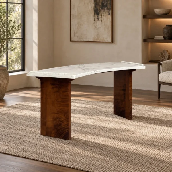 Fan-Shaped Wabi-Sabi Desk in Nanmu Veneer and White Marble — in a room setting