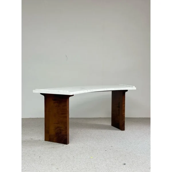 Fan-Shaped Wabi-Sabi Desk in Nanmu Veneer and White Marble — in a room setting