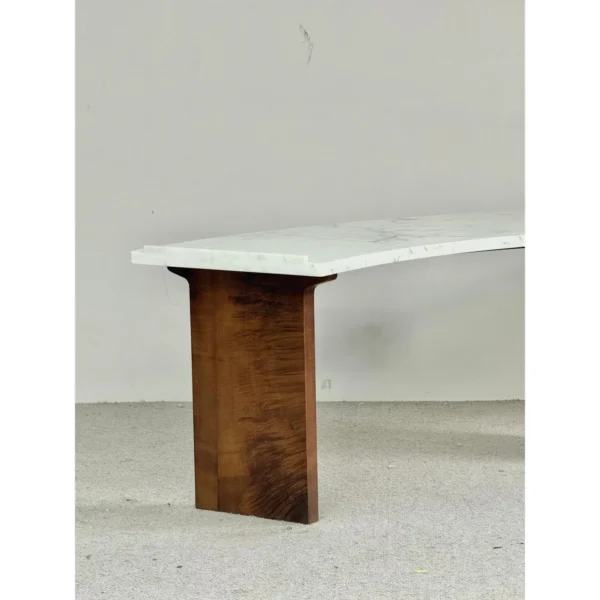 Fan-Shaped Wabi-Sabi Desk in Nanmu Veneer and White Marble — in a room setting