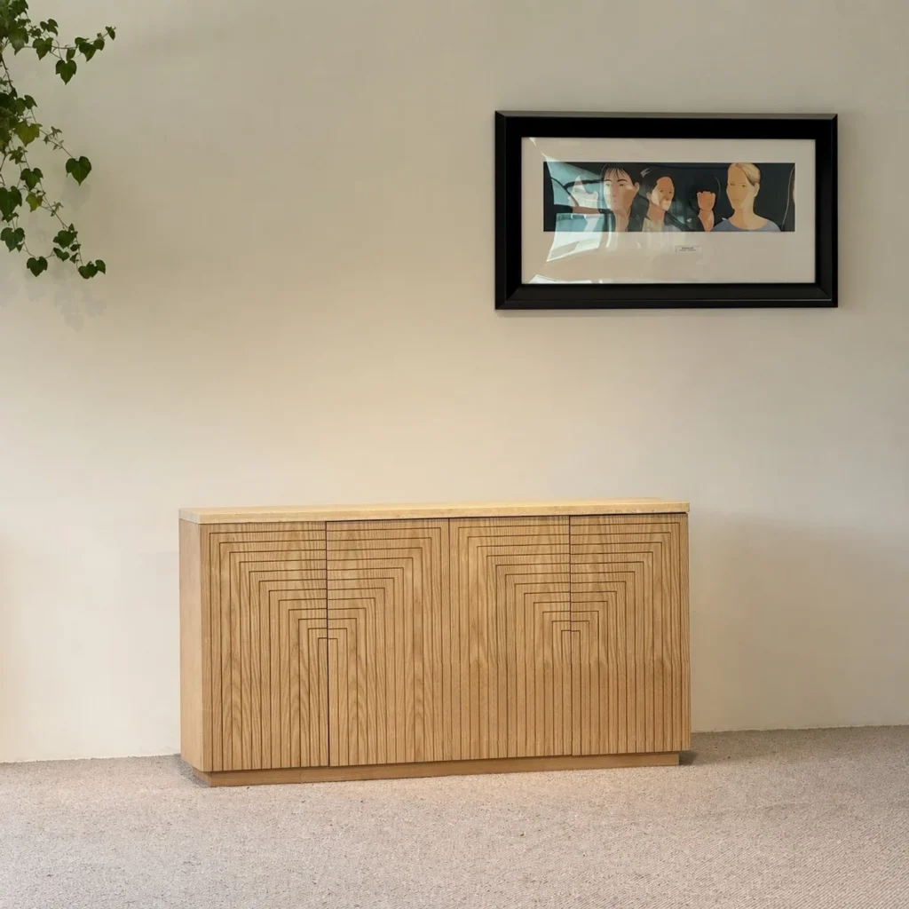 Ash and Travertine Shoe Cabinet with Carved Doors in natural oak — front view
