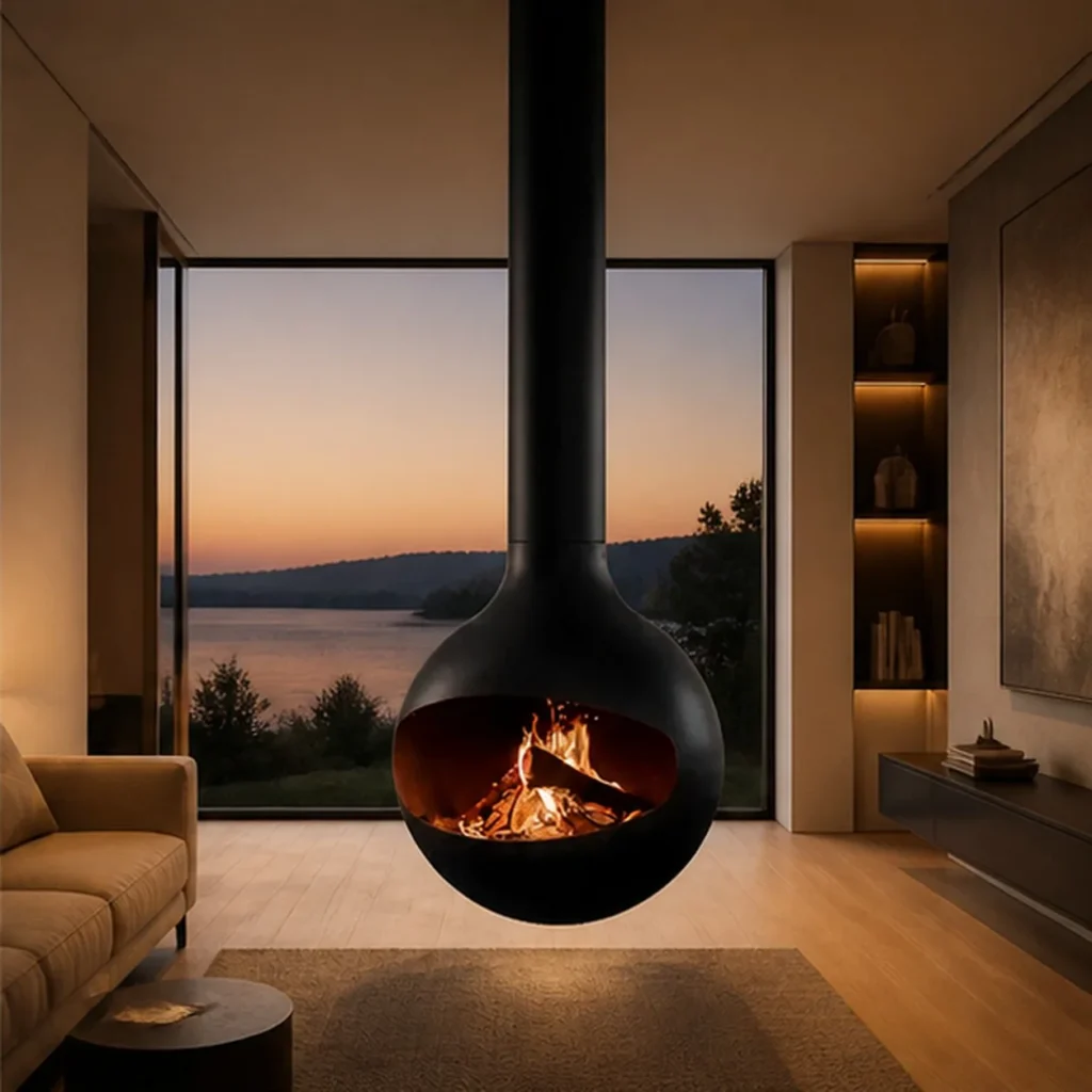 Cyril Suspended Sphere Fireplace in Black, 60 cm — front view