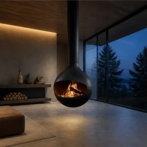 Cyril Suspended Sphere Fireplace in Black, 60 cm — in a room setting