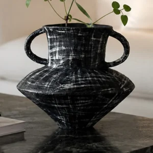Artist-Made Black Brushed Stoneware Twin-Ear Vase in black — front view