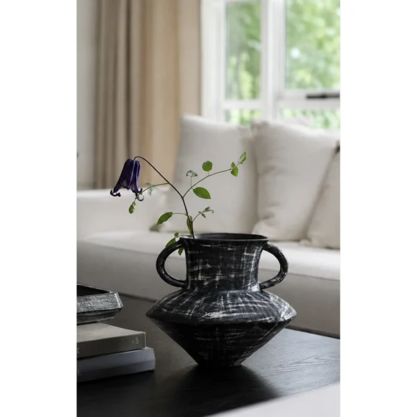 Artist-Made Black Brushed Stoneware Twin-Ear Vase in black — in a room setting