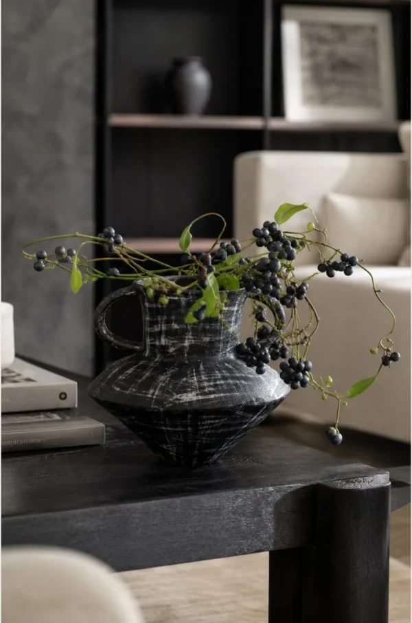 Artist-Made Black Brushed Stoneware Twin-Ear Vase in black — in a room setting