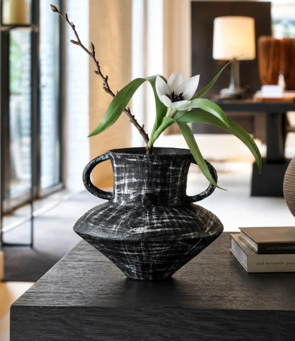 Artist-Made Black Brushed Stoneware Twin-Ear Vase in black — in a room setting