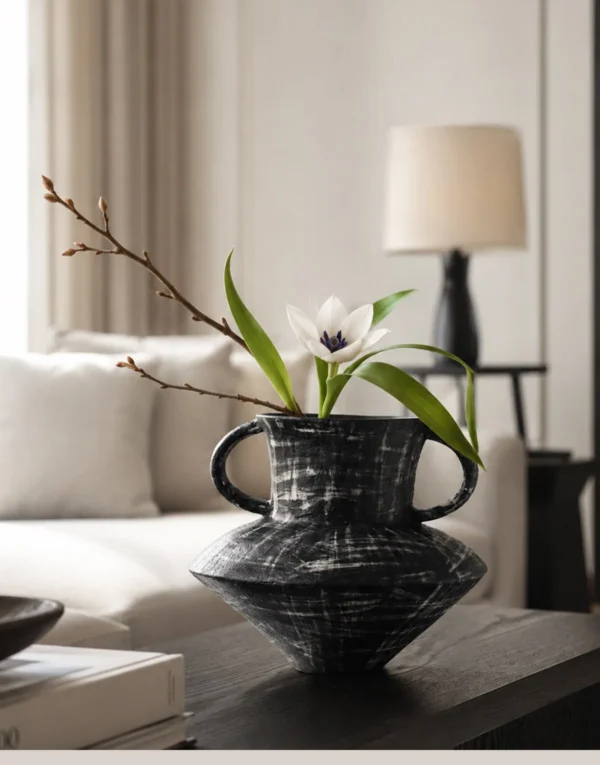 Artist-Made Black Brushed Stoneware Twin-Ear Vase in black — in a room setting