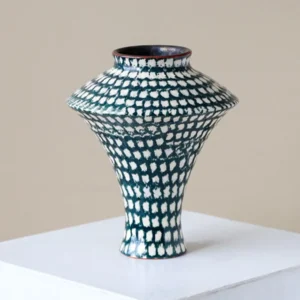 Artist-Made Teal Grid Flared Urn Vase in olive — front view