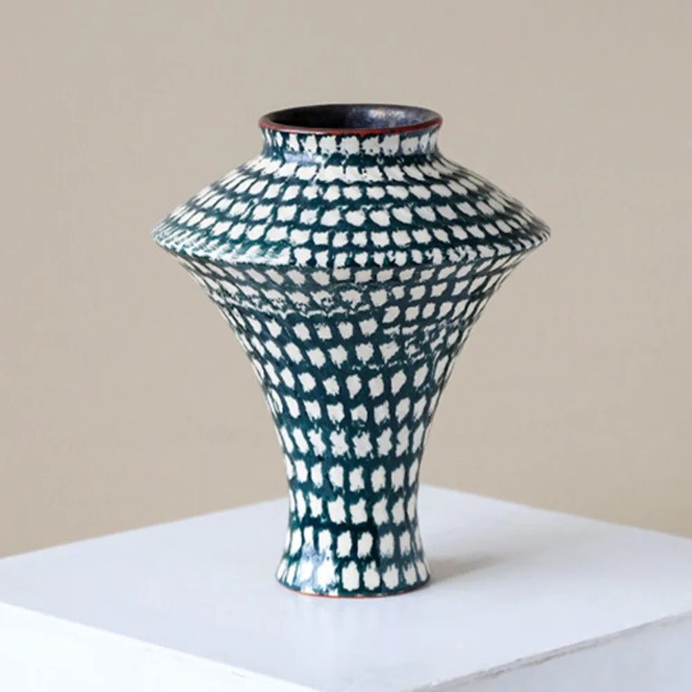 Artist-Made Teal Grid Flared Urn Vase in olive — front view