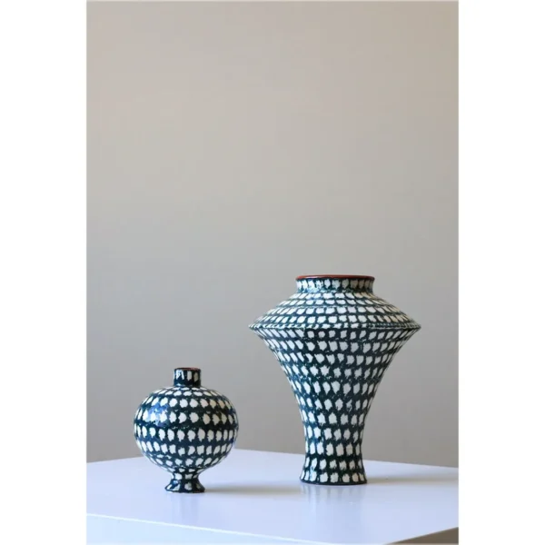 Artist-Made Teal Grid Flared Urn Vase in olive — in a room setting