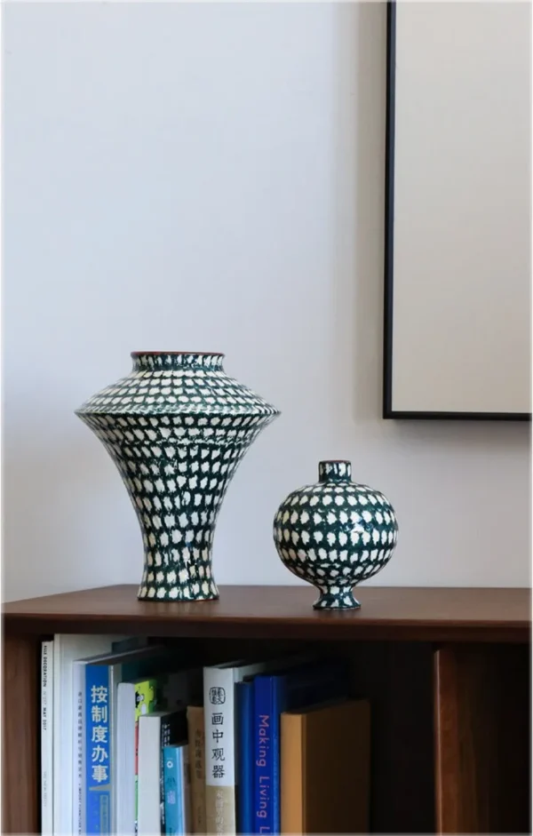 Artist-Made Teal Grid Flared Urn Vase in olive — in a room setting