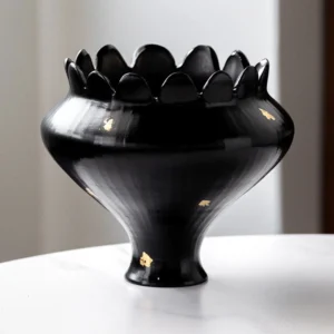 Artist-Made Black Petal-Rim Bowl Vase with Gold Flecks in black — front view