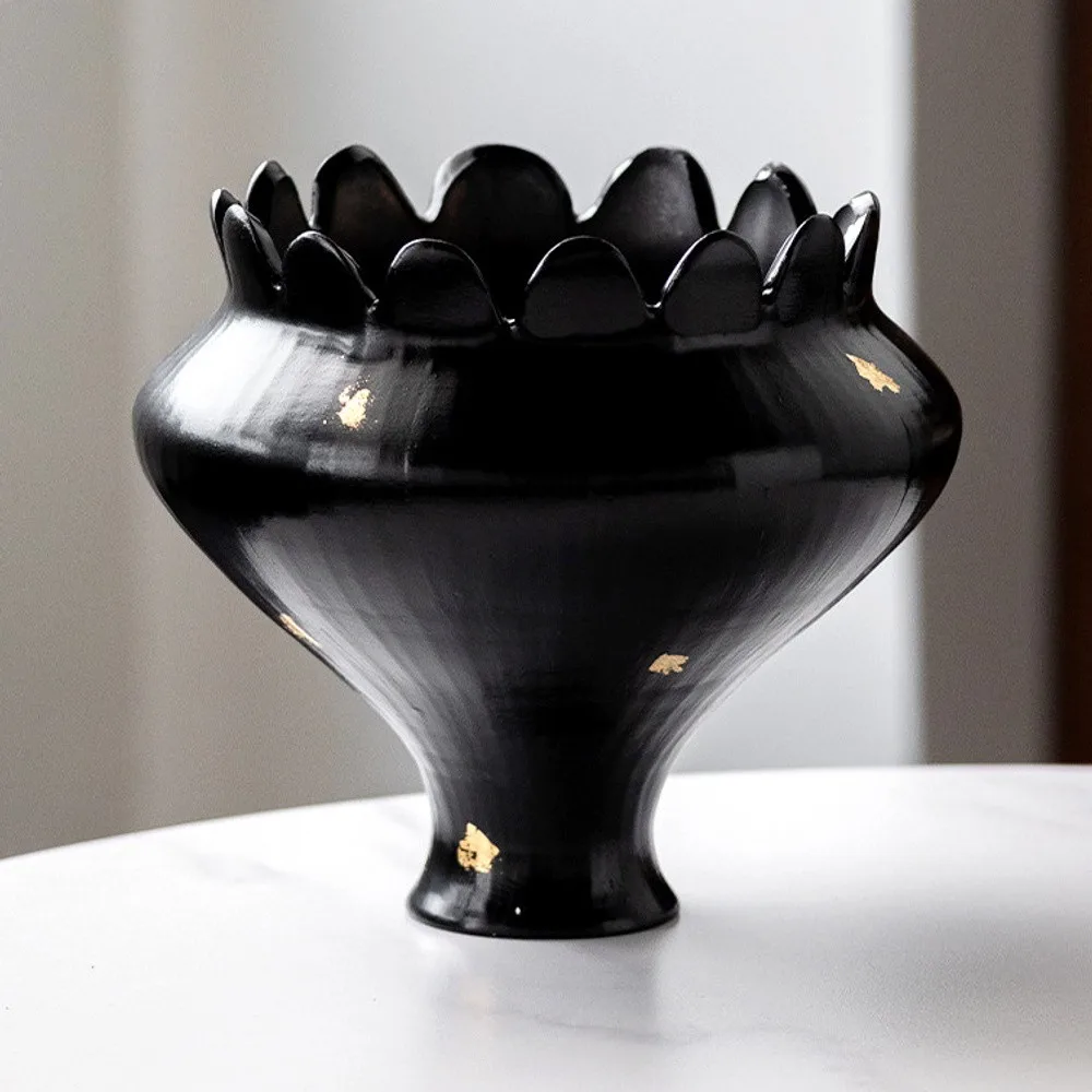 Artist-Made Black Petal-Rim Bowl Vase with Gold Flecks in black — front view