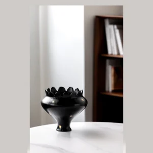 Artist-Made Black Petal-Rim Bowl Vase with Gold Flecks in black — in a room setting