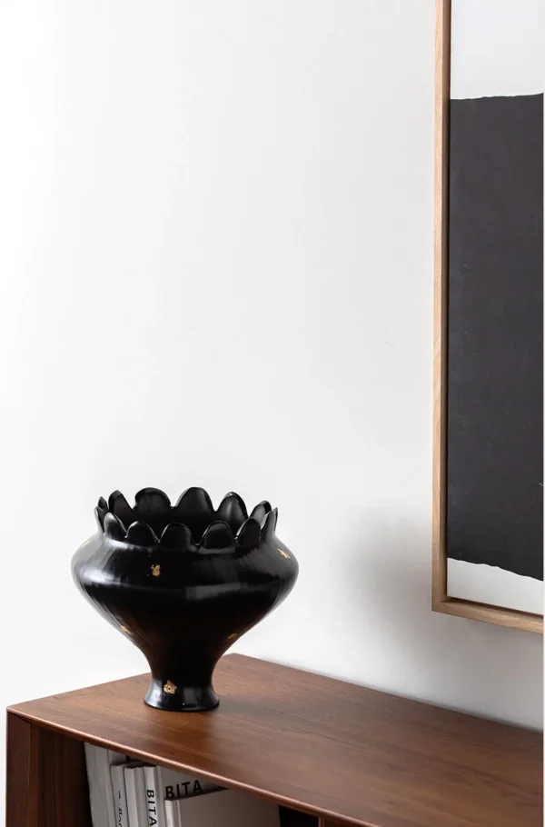 Artist-Made Black Petal-Rim Bowl Vase with Gold Flecks in black — in a room setting