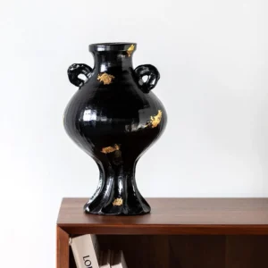 Artist-Made Black Gold Twin-Ear Round-Belly Vase in black — front view