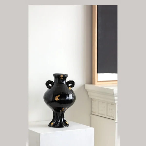 Artist-Made Black Gold Twin-Ear Round-Belly Vase in black — in a room setting