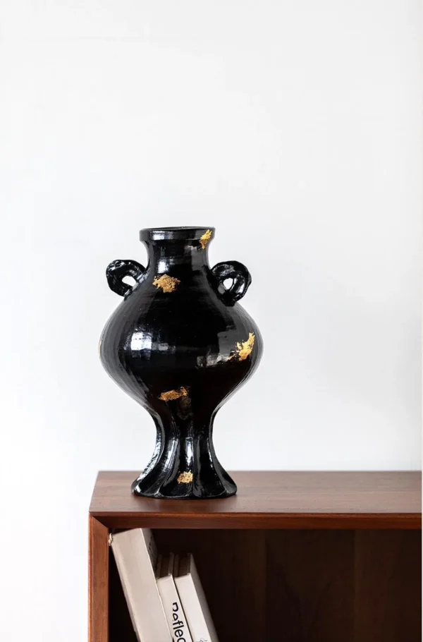Artist-Made Black Gold Twin-Ear Round-Belly Vase in black — in a room setting