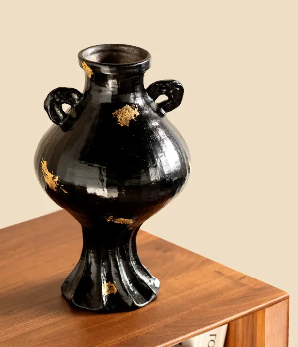 Artist-Made Black Gold Twin-Ear Round-Belly Vase in black — in a room setting