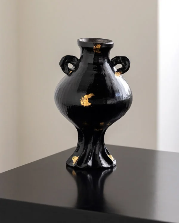 Artist-Made Black Gold Twin-Ear Round-Belly Vase in black — in a room setting