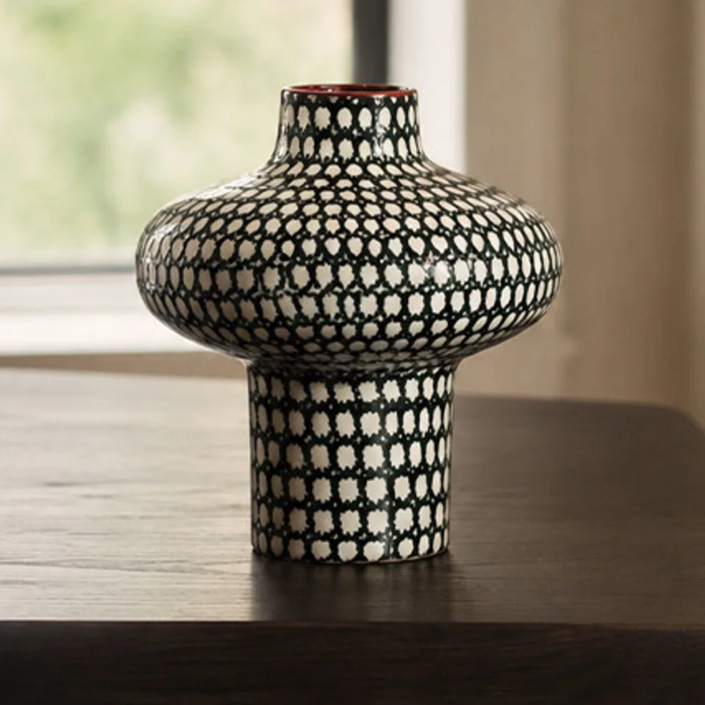 Artist-Made Black and White Grid Mushroom Vase with Red Rim in black — front view