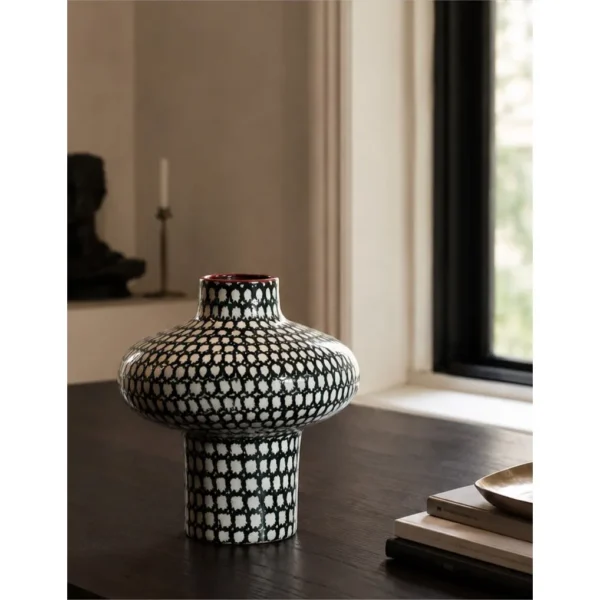 Artist-Made Black and White Grid Mushroom Vase with Red Rim in black — in a room setting