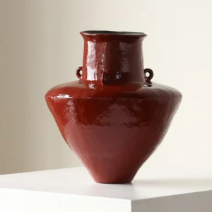 Artist-Made Red Glaze Twin-Ear Vase, Hand-Thrown in red — front view