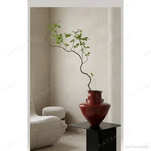 Artist-Made Red Glaze Twin-Ear Vase, Hand-Thrown in red — in a room setting