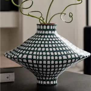 Artist-Made Dark Green Grid Diamond Vase for Hotels in olive — front view