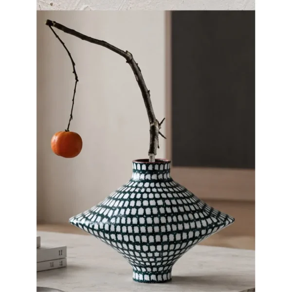 Artist-Made Dark Green Grid Diamond Vase for Hotels in olive — in a room setting