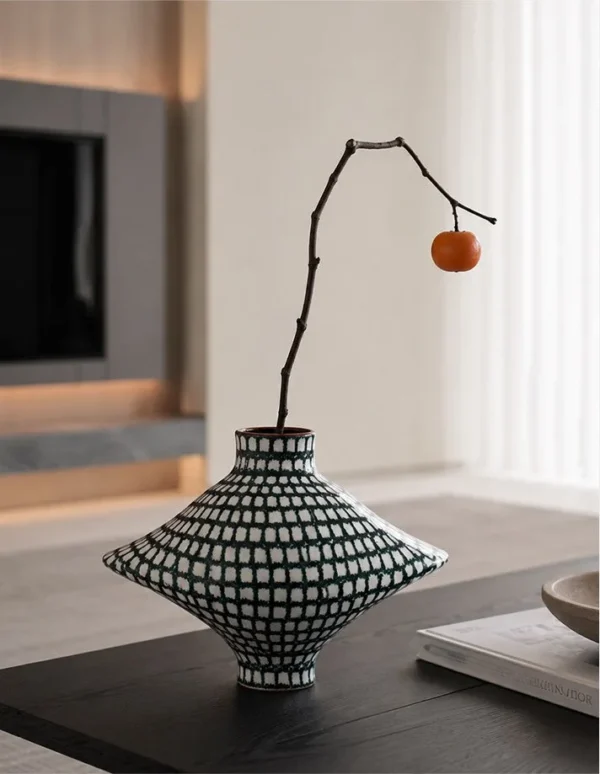 Artist-Made Dark Green Grid Diamond Vase for Hotels in olive — in a room setting