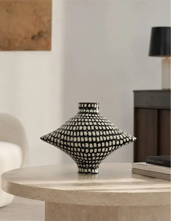Artist-Made Dark Green Grid Diamond Vase for Hotels in olive — in a room setting