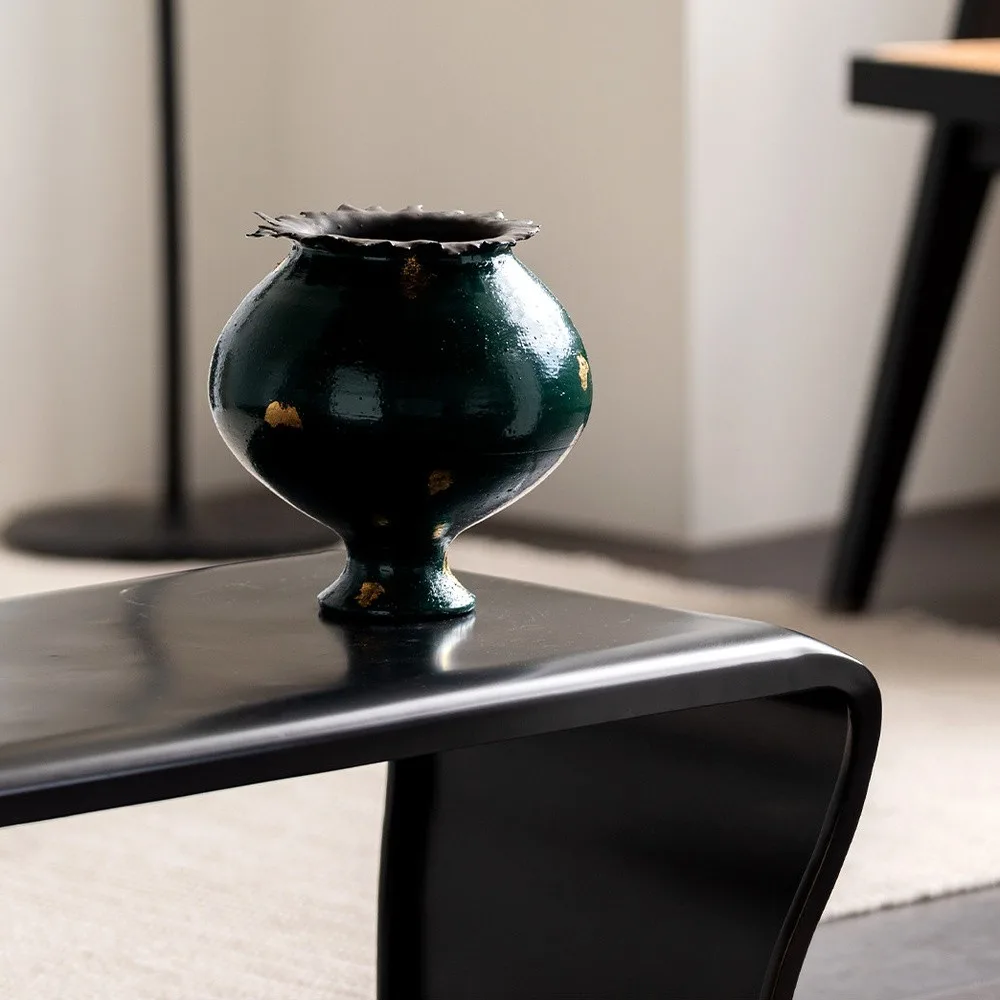 Artist-Made Dark Green Lacquer-Glaze Square Ding Vase in olive — front view