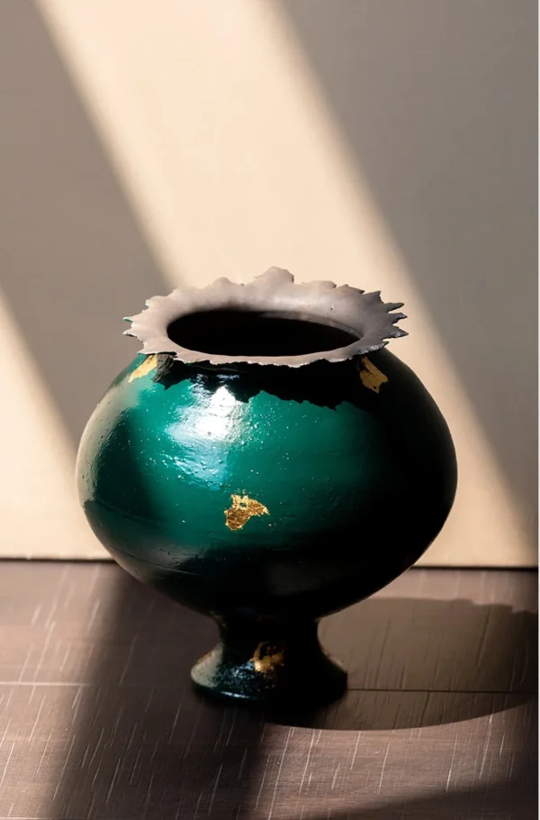 Artist-Made Dark Green Lacquer-Glaze Square Ding Vase in olive — in a room setting