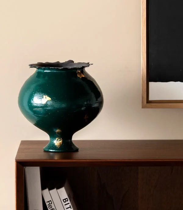 Artist-Made Dark Green Lacquer-Glaze Square Ding Vase in olive — in a room setting