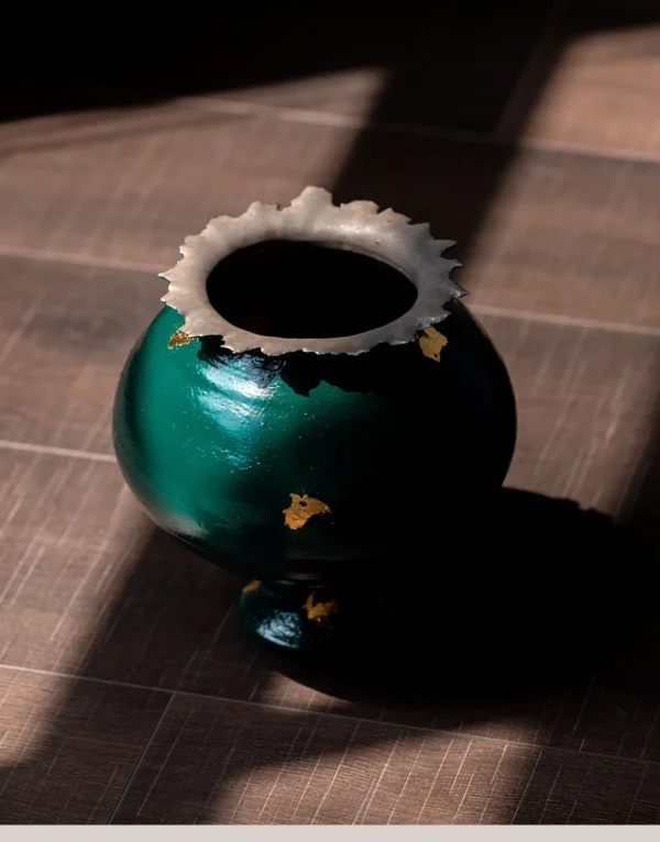 Artist-Made Dark Green Lacquer-Glaze Square Ding Vase in olive — in a room setting