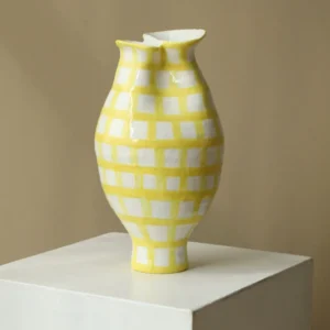 Artist-Made Lemon Yellow Grid Vase with Pinched Mouth in mustard — front view