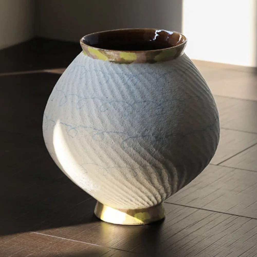 Artist-Made Two-Tone Combed Moon Jar with Gilded Foot in ivory — front view