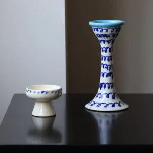 Artist-Made Hand-Painted Blue Loop Candle Holders, Two Forms in oatmeal — front view