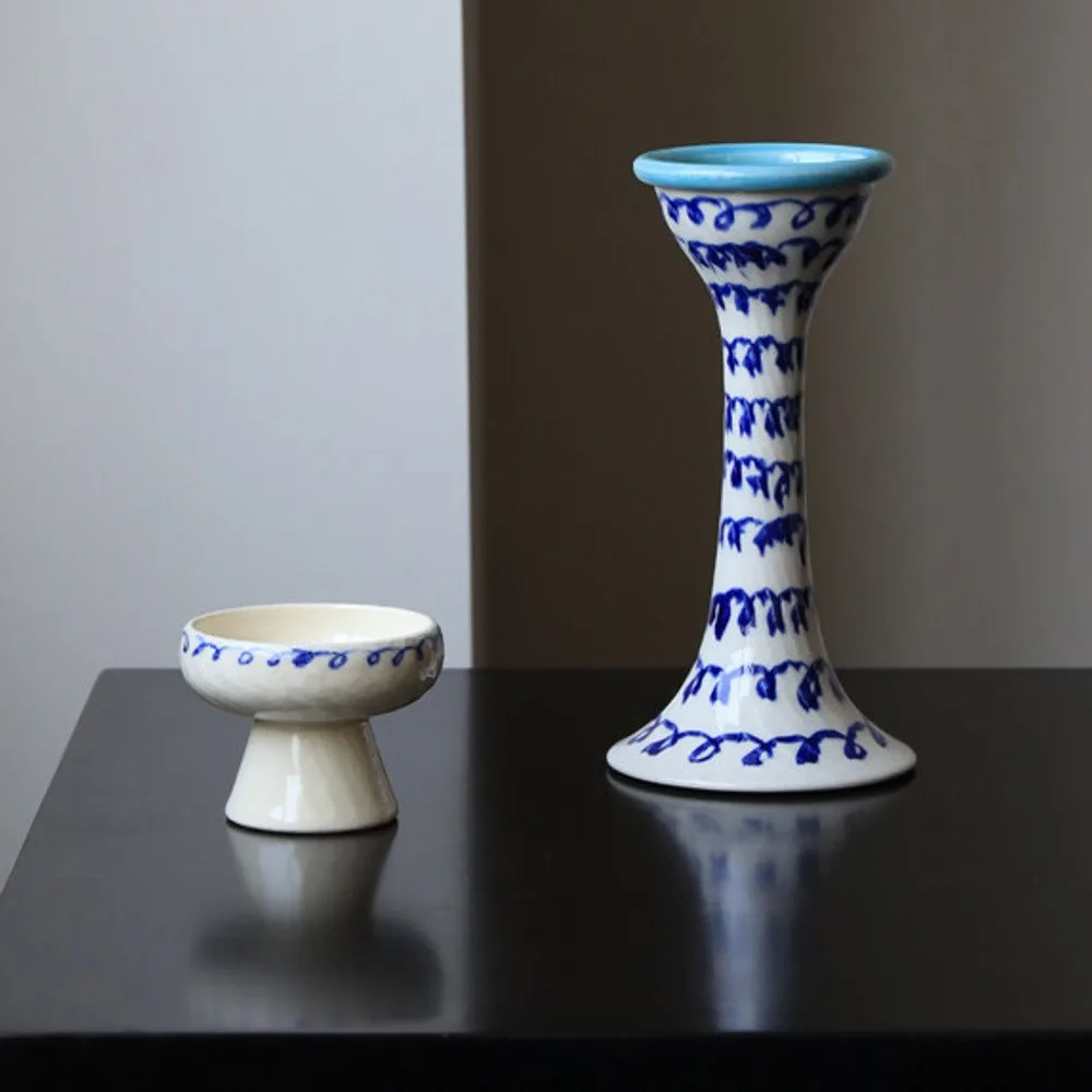 Artist-Made Hand-Painted Blue Loop Candle Holders, Two Forms in oatmeal — front view