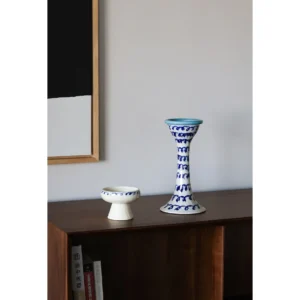 Artist-Made Hand-Painted Blue Loop Candle Holders, Two Forms in oatmeal — in a room setting