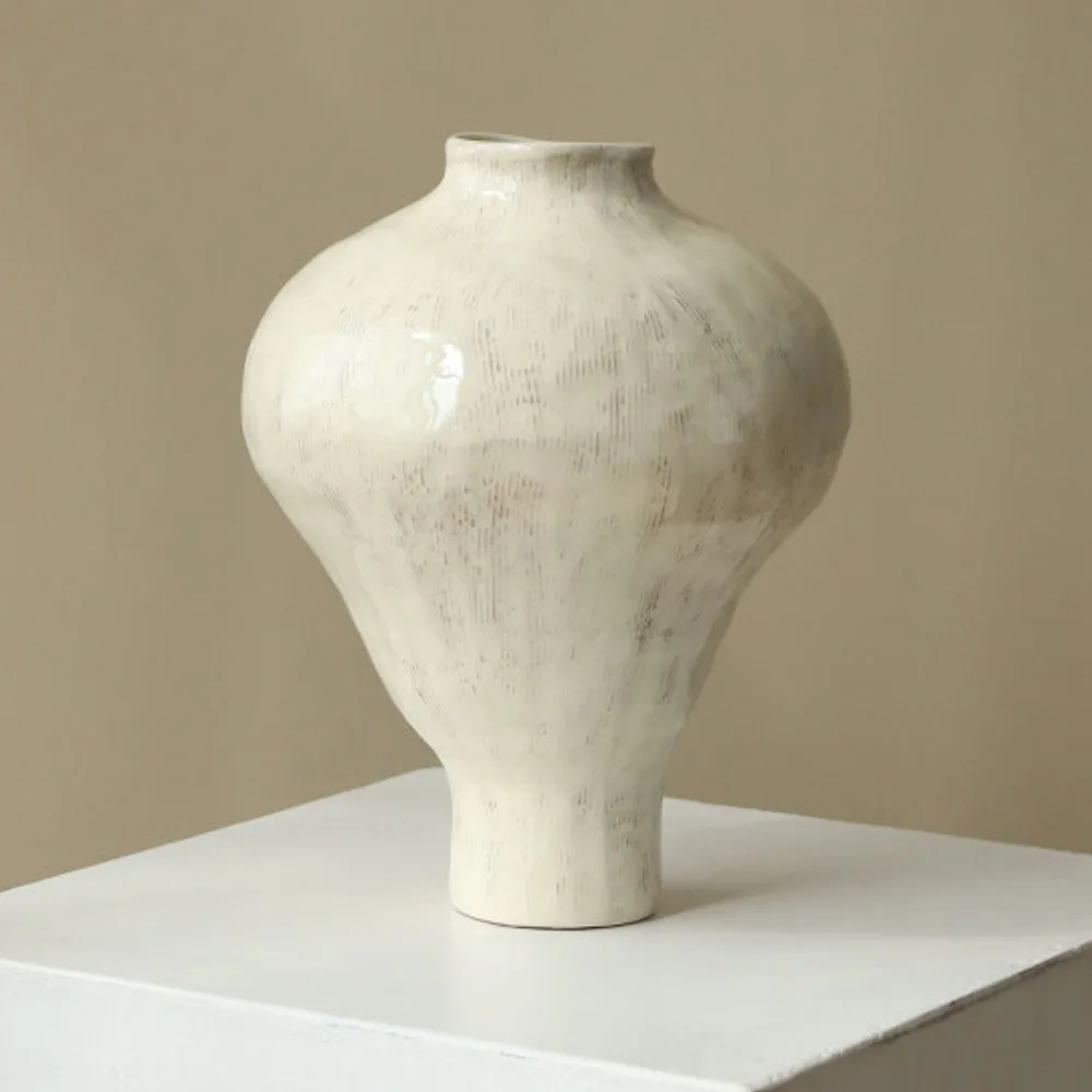 Artist-Made White Slip Combed Urn Vase, Medium in ivory — front view