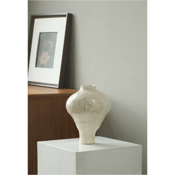 Artist-Made White Slip Combed Urn Vase, Medium in ivory — in a room setting