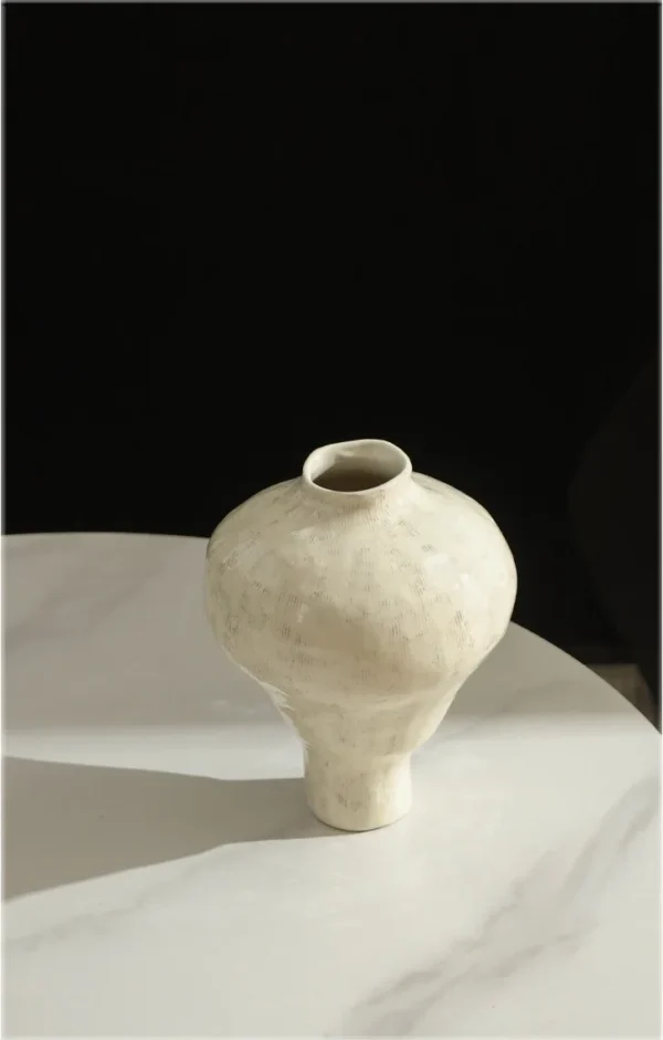 Artist-Made White Slip Combed Urn Vase, Medium in ivory — in a room setting