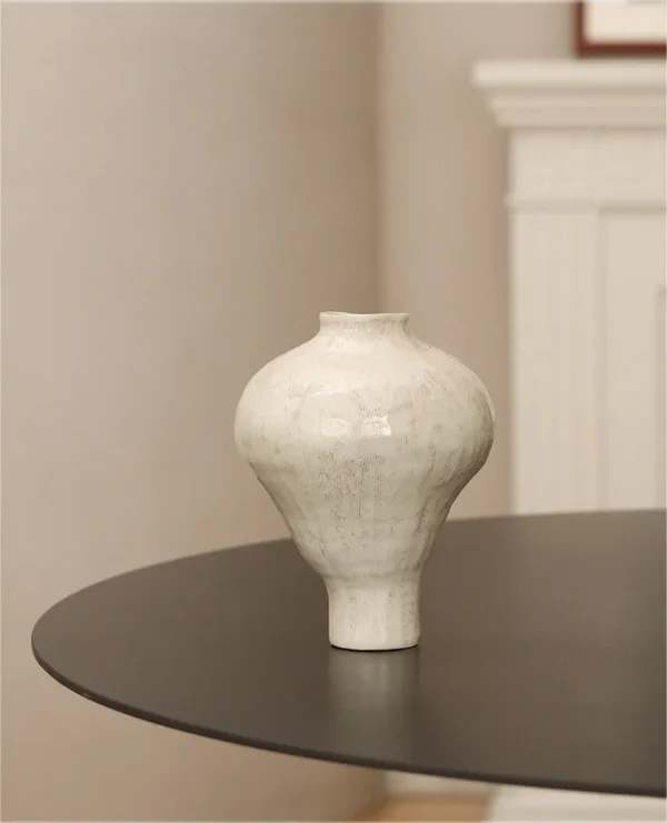 Artist-Made White Slip Combed Urn Vase, Medium in ivory — in a room setting