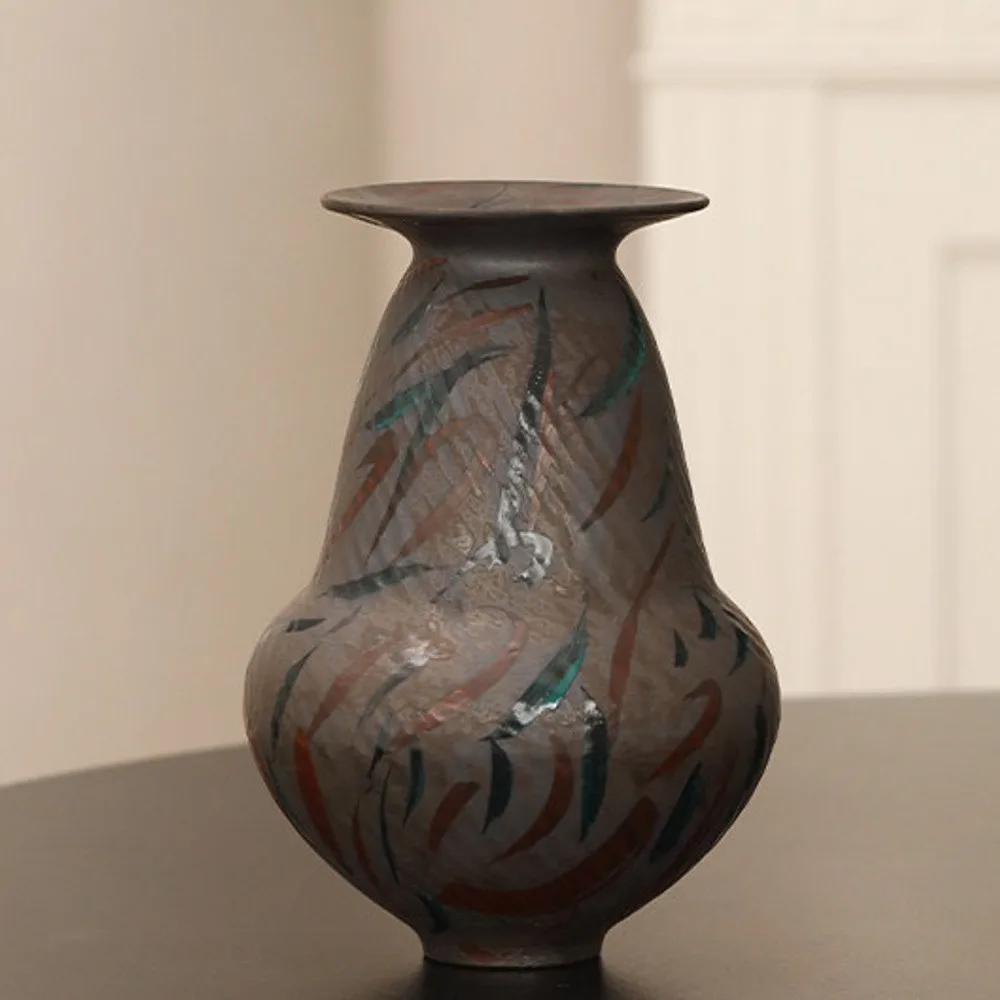 Artist-Made Hand-Painted Line Vase in clay — front view