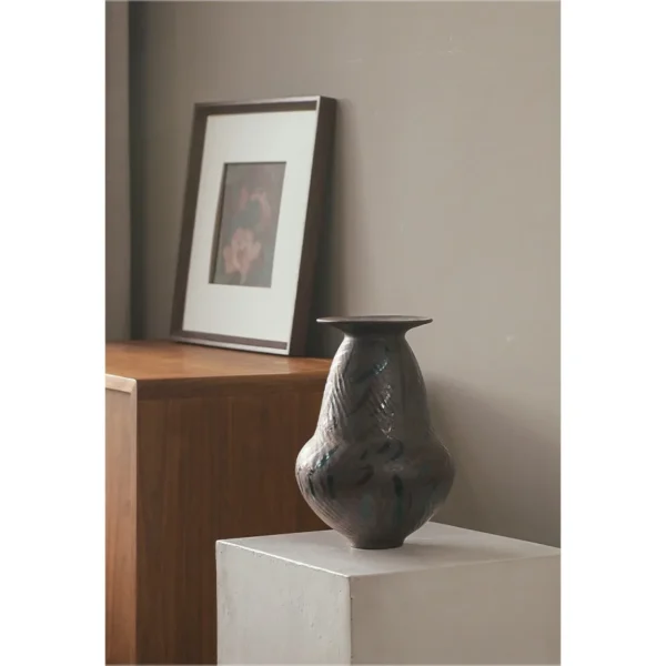 Artist-Made Hand-Painted Line Vase in clay — in a room setting