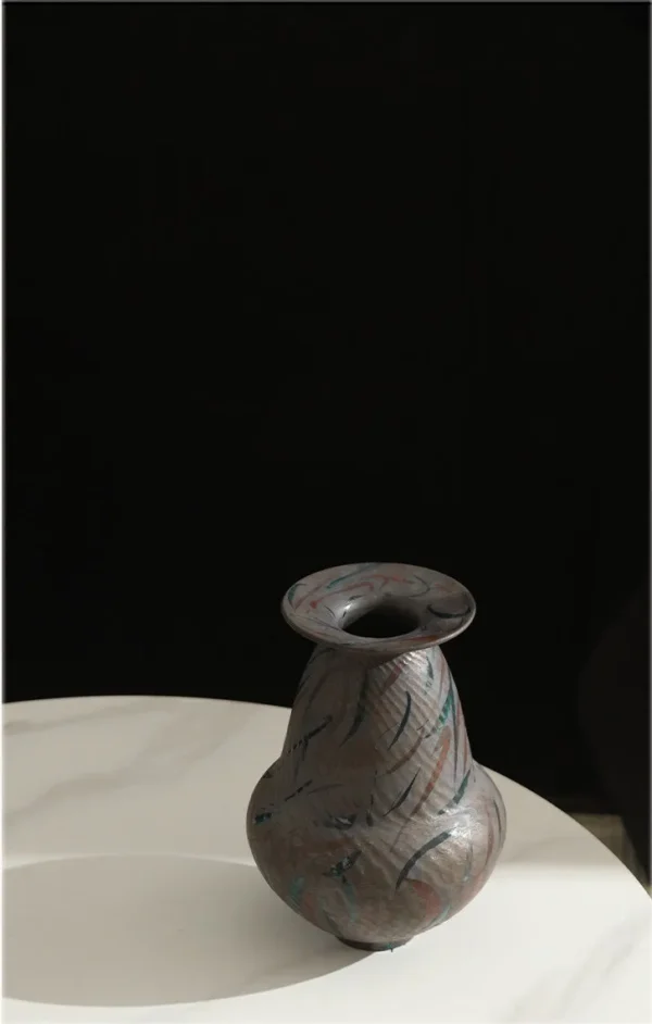 Artist-Made Hand-Painted Line Vase in clay — in a room setting