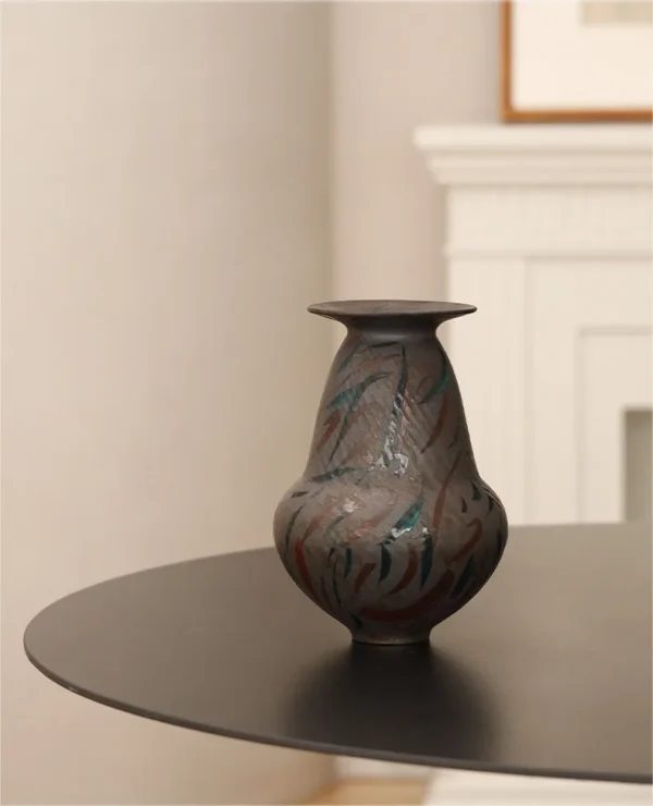 Artist-Made Hand-Painted Line Vase in clay — in a room setting